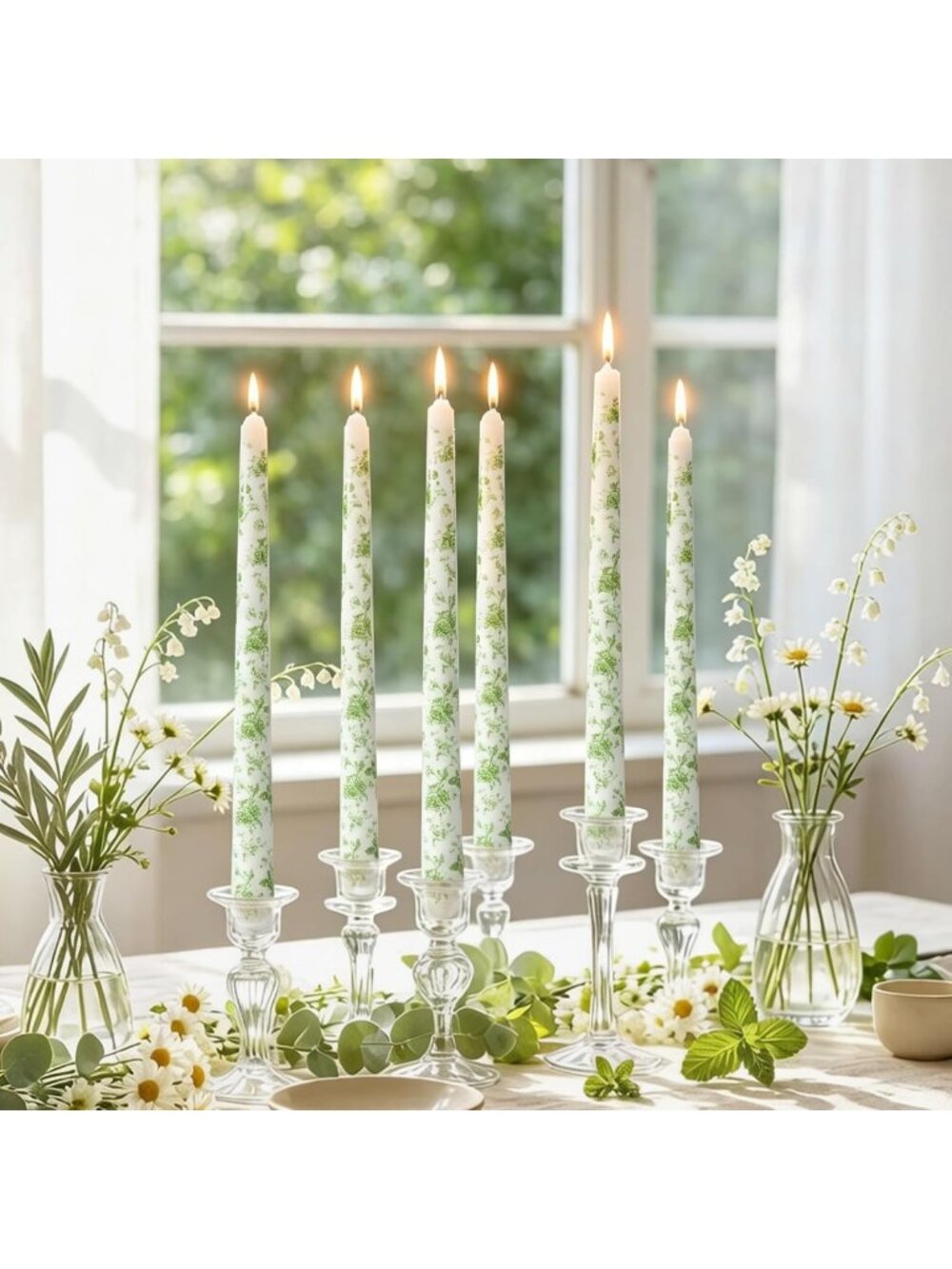 12 Pcs Sage Green Floral Taper Candles - 10 Inch Vintage Unscented Candle Sticks